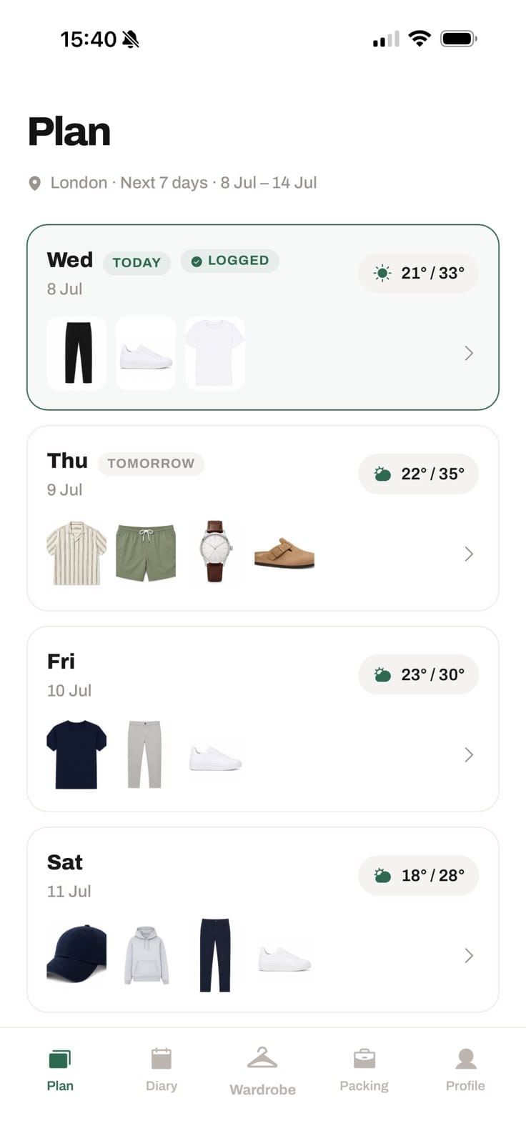 The Dayclo weekly outfit planner with weather