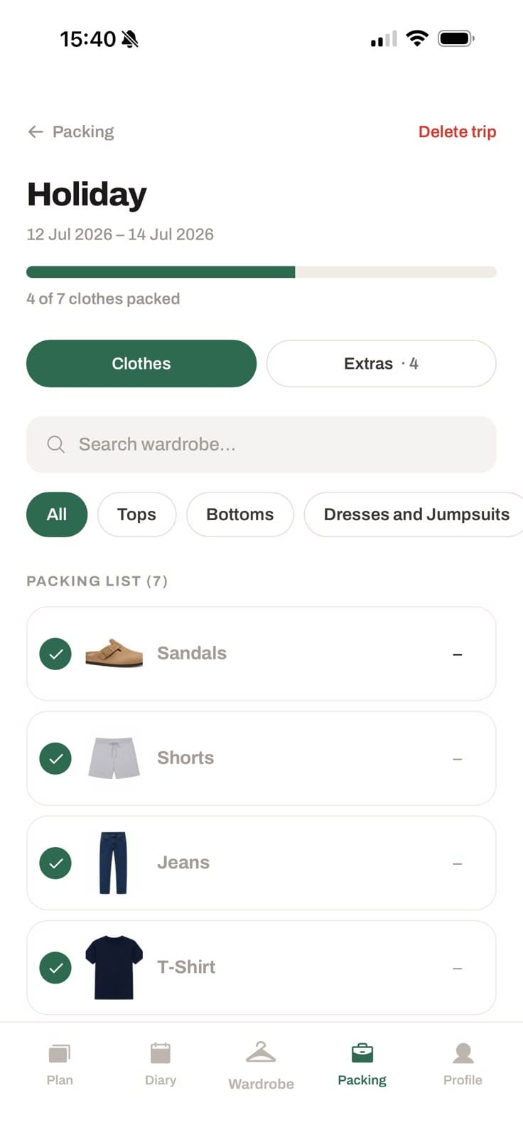 A Dayclo packing list with category filters