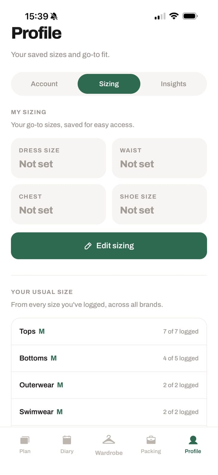 Dayclo's sizing view with saved sizes